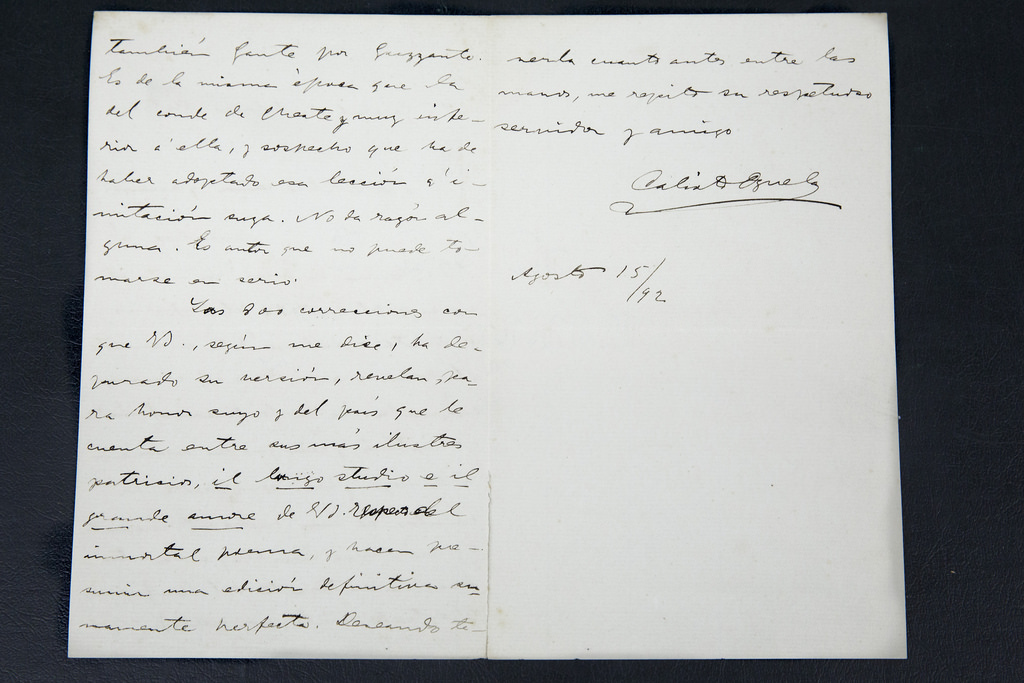 Carta manuscrita de Calisto Oyuela agradeciendo el envío de un ejemplar de La Divina Comedia.