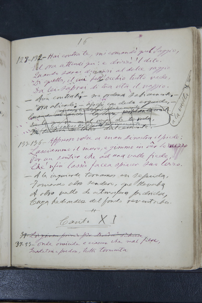 Libreta manuscrita de Bartolomé Mitre con notas y comentarios que se incorporarían como apéndice en las ediciones de la Divina Comedia.